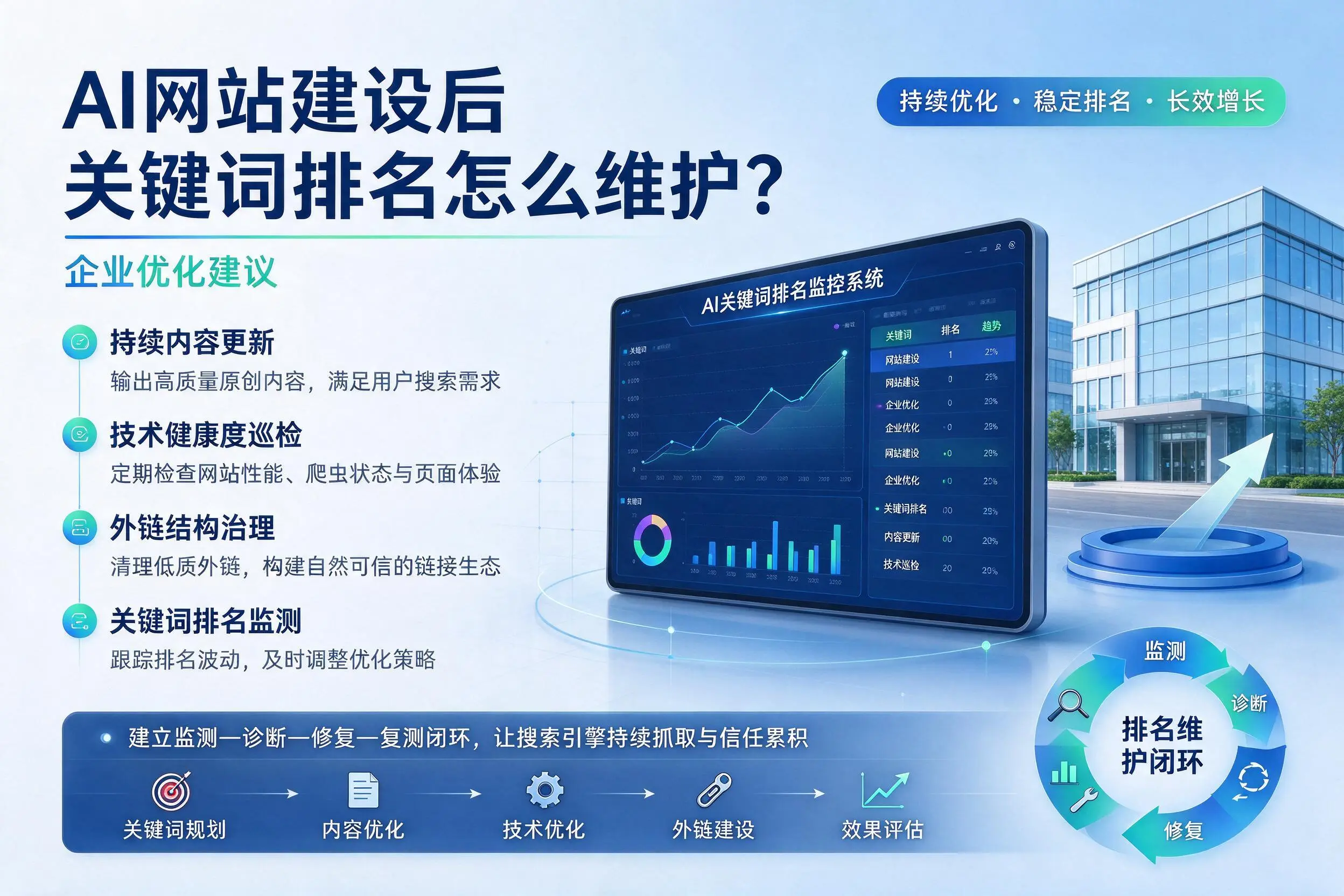 AI网站建设后关键词排名怎么维护？鄂州企业优化建议
