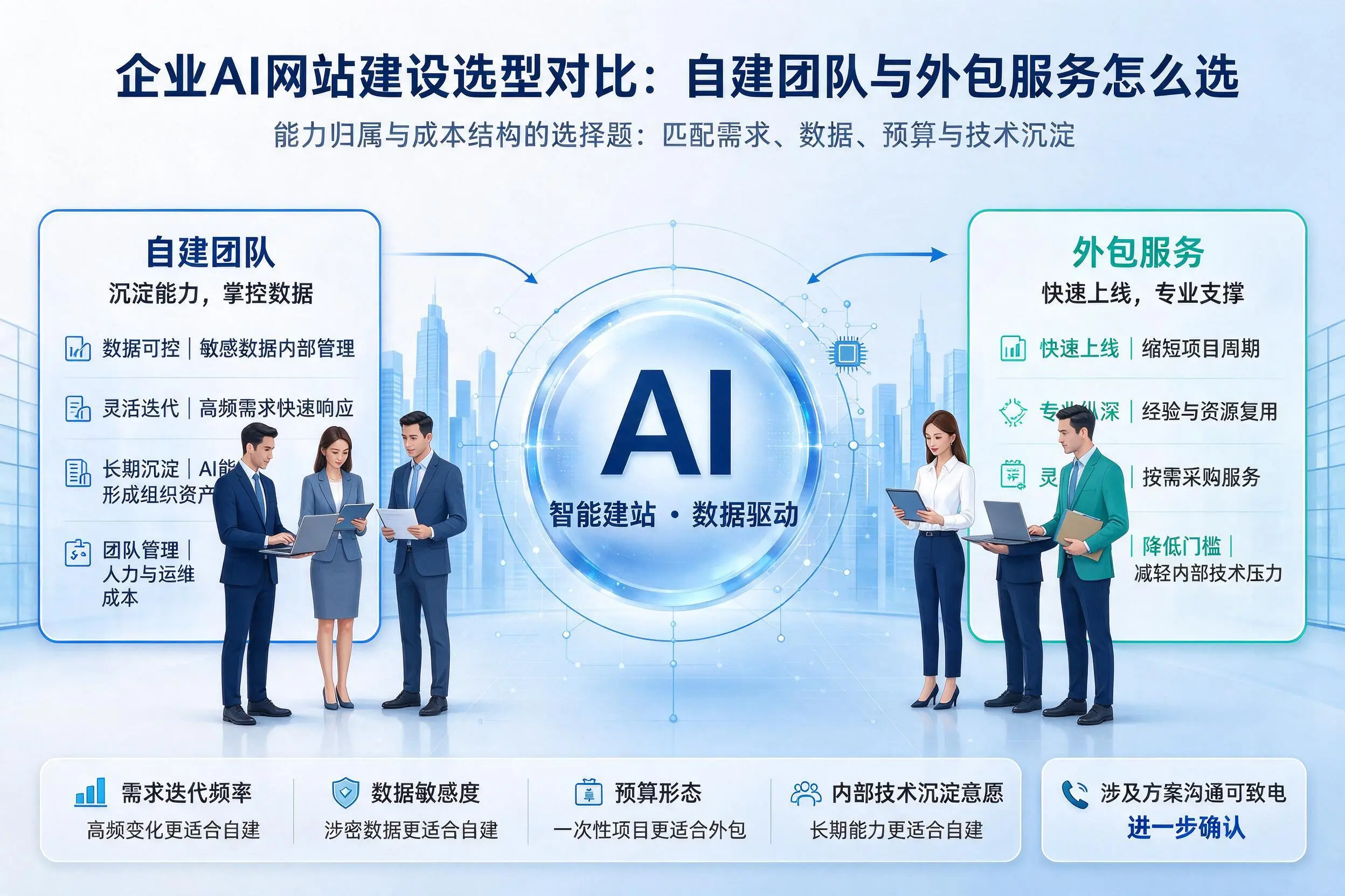 鄂州企业AI网站建设选型对比：自建团队与外包服务怎么选